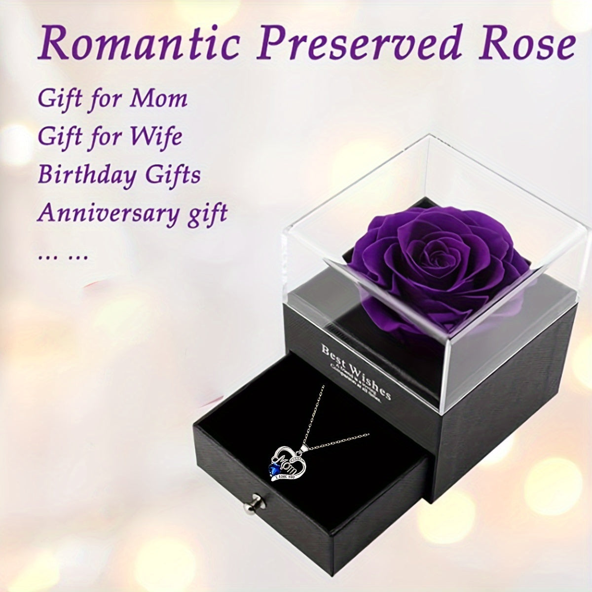 Collier Femme Pendentif Coeur 'Mom' avec Rose Éternelle – Cadeau Élégant pour la Fête des Mères
