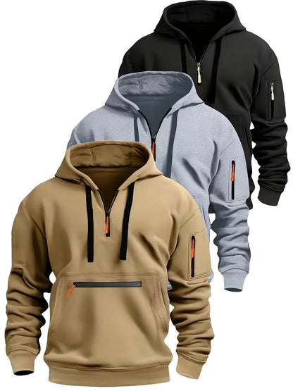Sweat à Capuche Homme Zippé Mi-long avec Poche Kangourou et Manches Zippées
