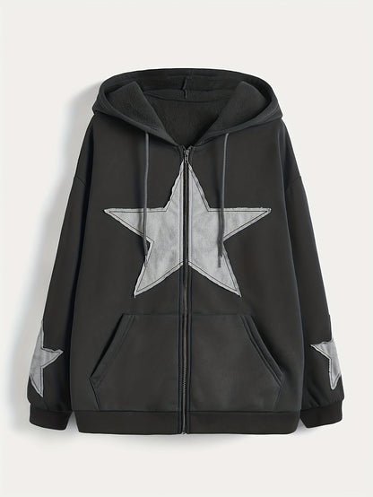 Sweat à capuche zippé marron avec motif étoile gris délavé