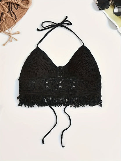Top corto bohemio para atar para mujer estilo festival con detalles calados y flecos