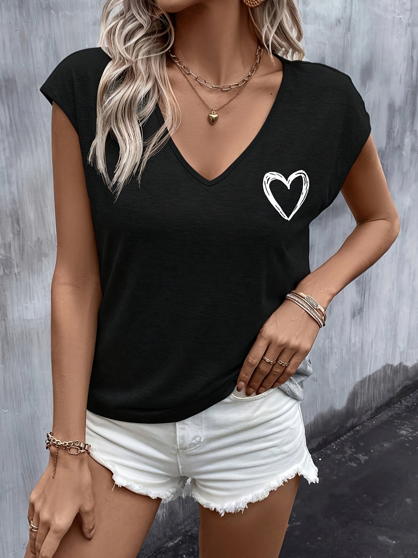 T-shirt Femme Décontracté à Col V Motif Cœur Style Estival