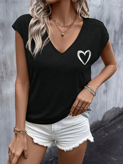 T-shirt Femme Décontracté à Col V Motif Cœur Style Estival