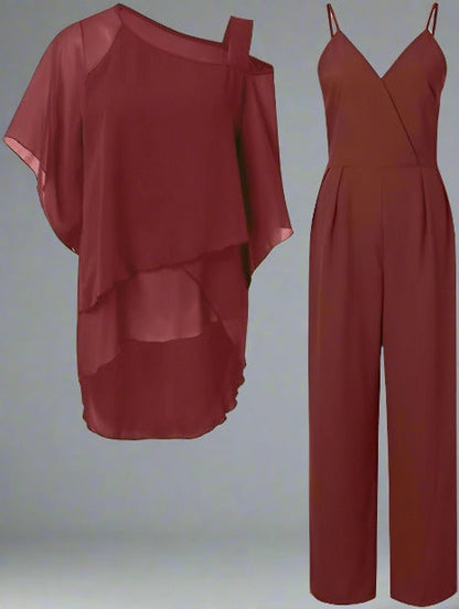 Ensemble Femme Élégant Décontracté Chic – Tenue Deux Pièces Haut Asymétrique et Pantalon Large pour Bureau et Sorties