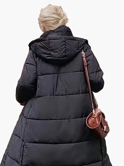 Manteau long matelassé à capuche pour femme, style élégant hiver, usage urbain et décontracté