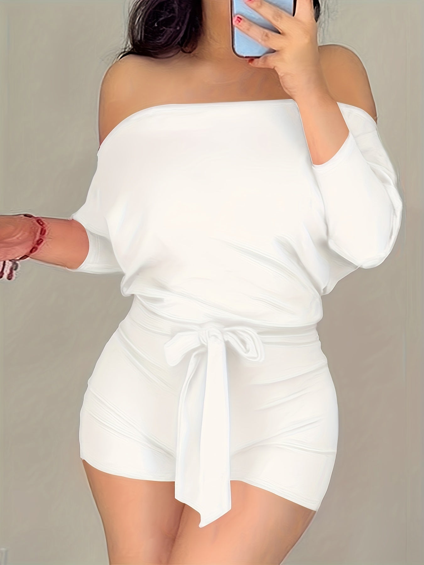 Combinaison Short Décontractée Femme Style Bardot à Manches Longues pour Été