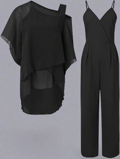 Ensemble Femme Élégant Décontracté Chic – Tenue Deux Pièces Haut Asymétrique et Pantalon Large pour Bureau et Sorties