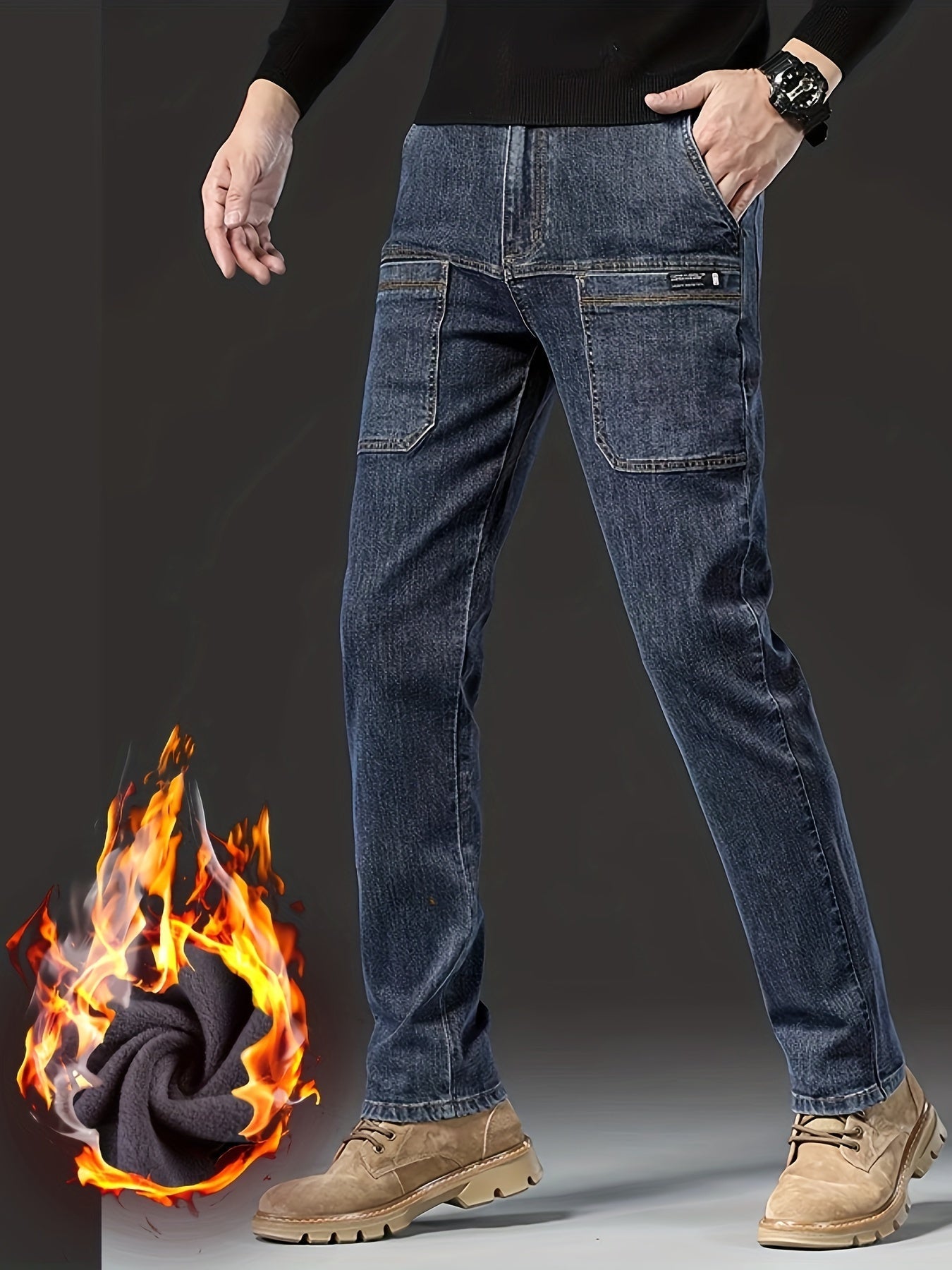 Jean Cargo Homme Hiver Doublé Polaire Coupe Droite Poches Multiples Couleur Unie