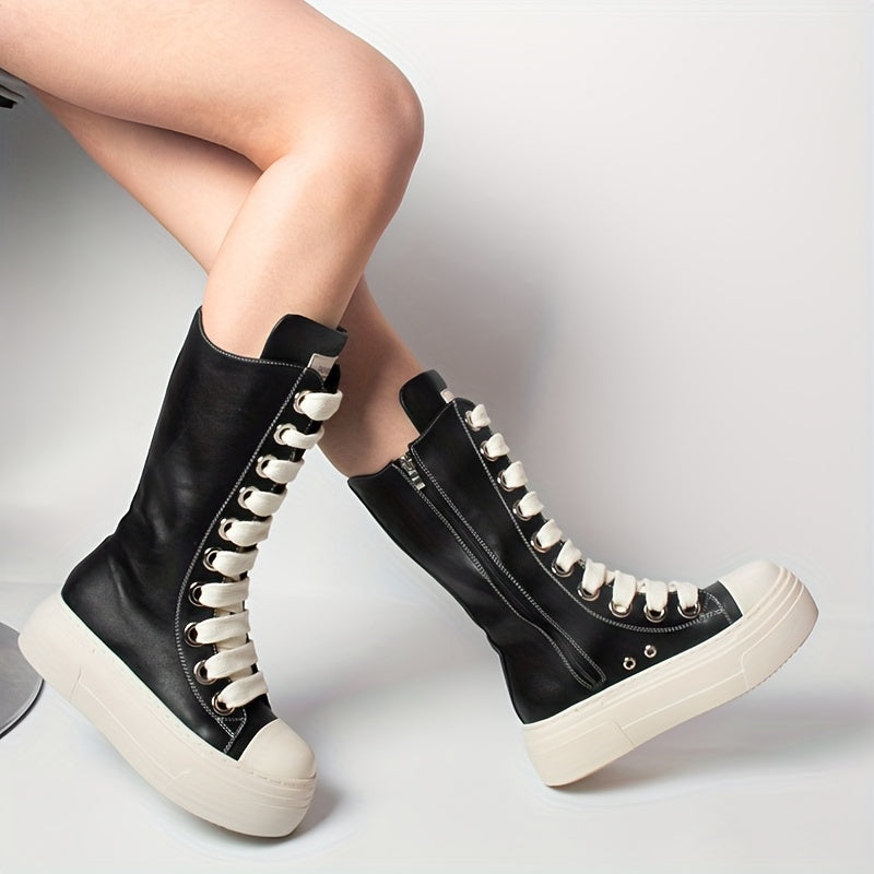 Bottes montantes noires à lacets blancs, style basket, semelle plateforme