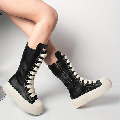 Bottes montantes noires à lacets blancs, style basket, semelle plateforme
