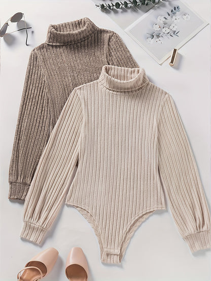 Body col roulé femme côtelé manches longues beige
