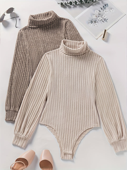 Body col roulé femme côtelé manches longues beige