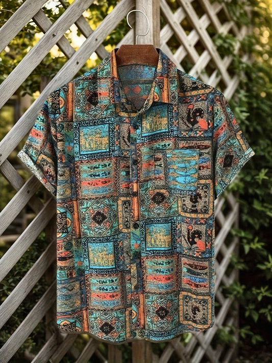 Herreskjorte Resort med patchwork-mønster i vintage-stil med korte ærmer