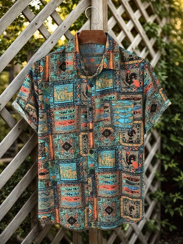 Heren Resort Overhemd met Patchworkmotief Vintage Stijl met Korte Mouwen