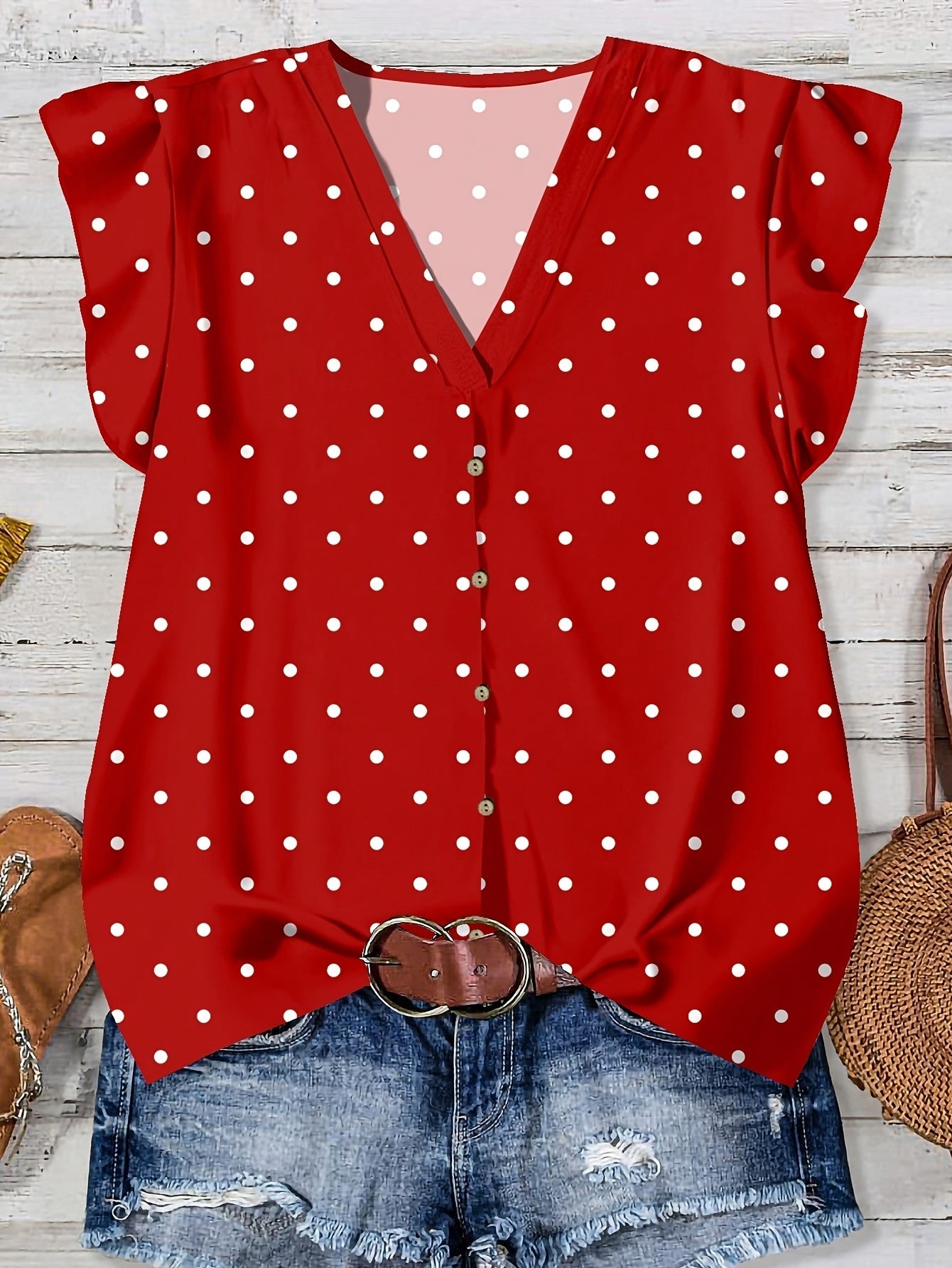 Women's casual blouse with heart print, summer style, V-neck, buttoned