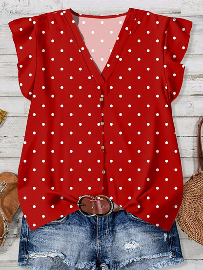 Women's casual blouse with heart print, summer style, V-neck, buttoned