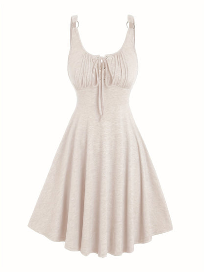Lässiges Damenkleid mit Ausschnitt und Ösen-Trägern, ausgestellter Frühling-Sommer-Stil  