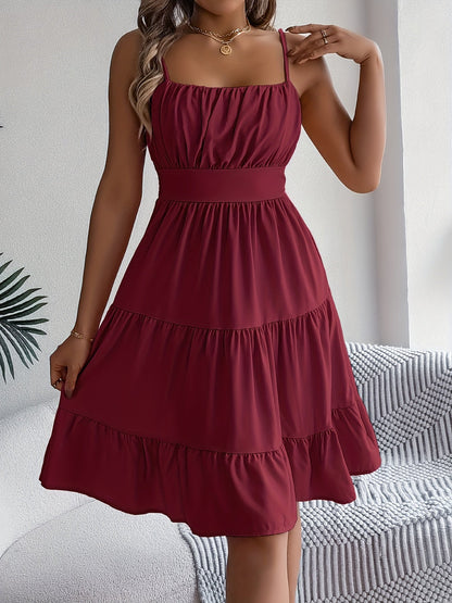Robe d'été femme style décontracté à bretelles fines, volants, allure vacances