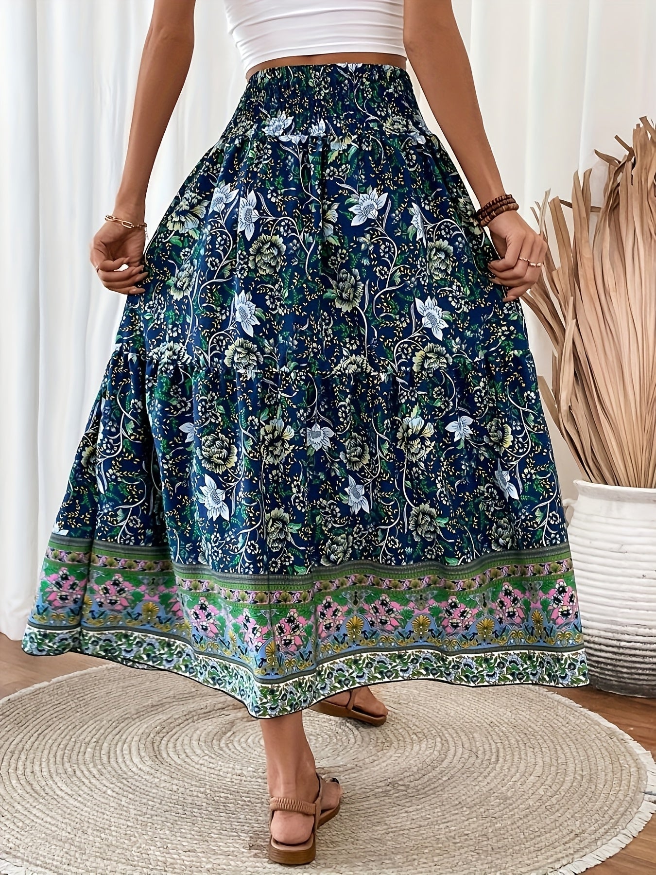 Elegant summer style women's long bohemian floral print skirt