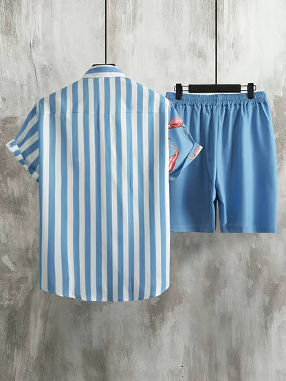 Completo casual uomo stile vacanze, motivo fenicotteri rosa e righe, ideale per estate e tempo libero