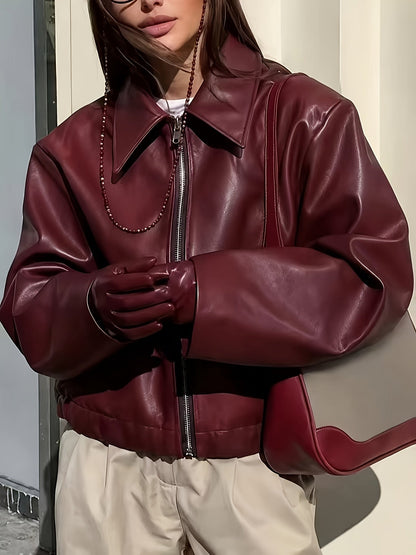 Veste courte bomber femme aspect cuir à fermeture éclair, col classique et ourlet côtelé