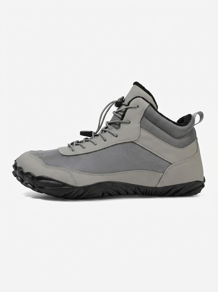 Gray and Black Outdoor Boots with Speed Laces and Lugged Sole