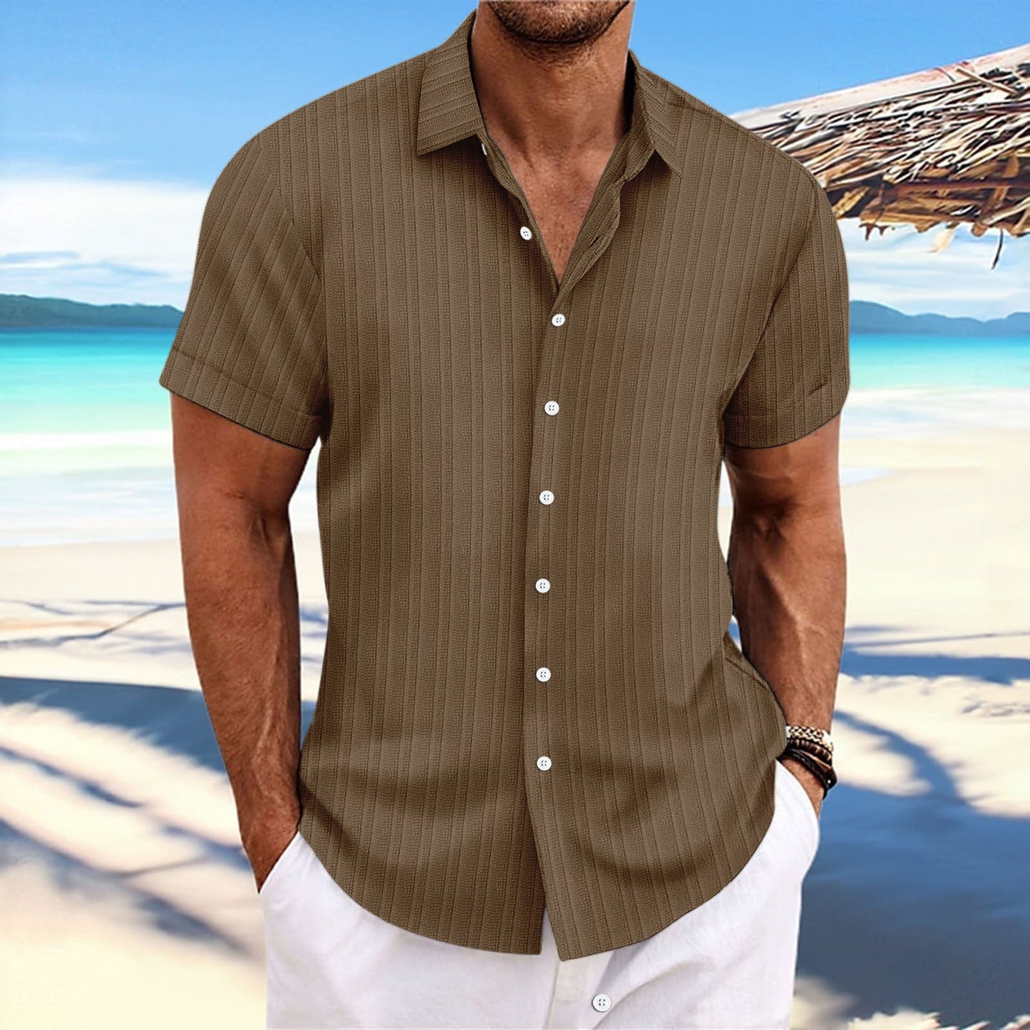 Chemise décontractée à rayures pour homme – Style estival chic, idéale pour la plage ou la ville