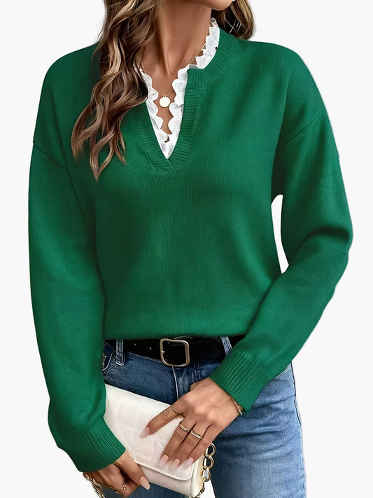 Elegant damtröja med V-ringning och spetsdetalj, långa ärmar, lös passform, casual chic stil för höst/vinter