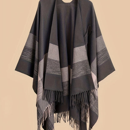 Women's Fringe Trim Open Front Poncho Cape