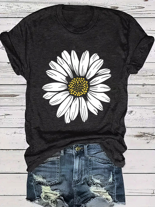T-shirt femme décontracté motif marguerite pour look estival et tendance