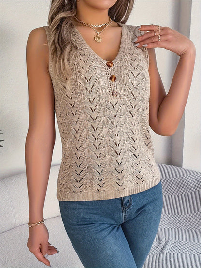 Camiseta sin mangas para mujer, elegante con cuello en V estilo vacaciones, sin mangas, botones decorativos, ideal para primavera/verano