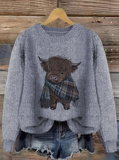 Women's Crew Neck Highland Cow Graphic Pullover Sweater