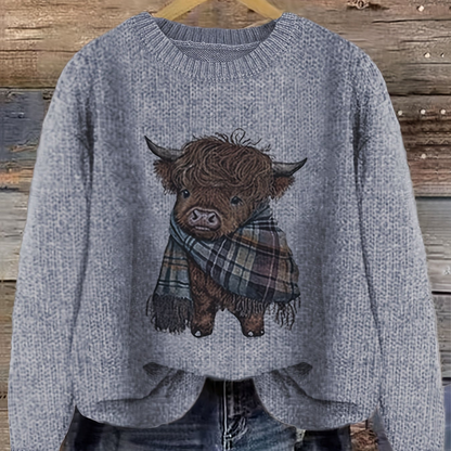 Women's Crew Neck Highland Cow Graphic Pullover Sweater