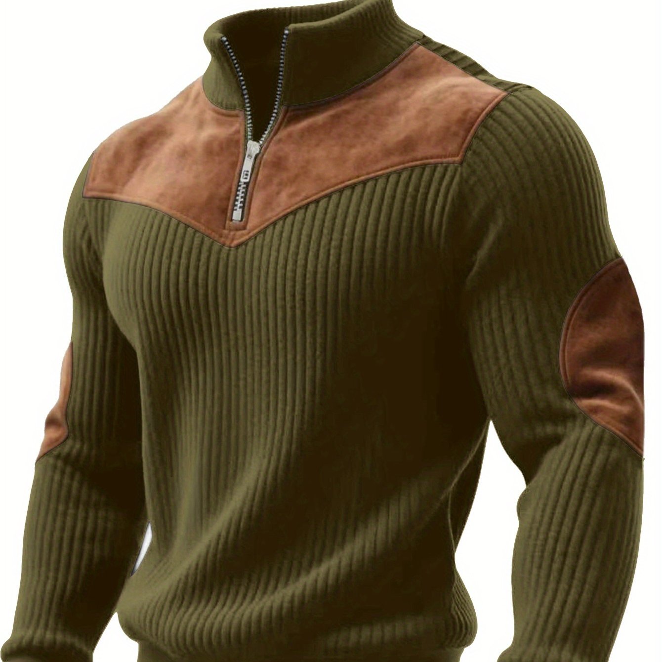Pull Homme côtelé avec col montant zippé et empiècements suédine