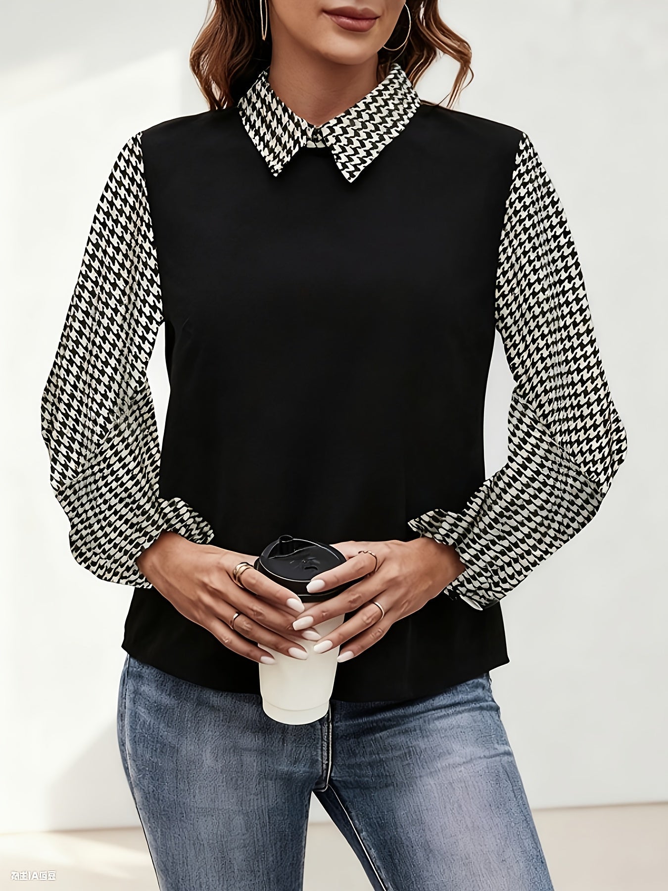 Blouse Femme Noir et Blanc Motif Pied-de-poule Manches Longues