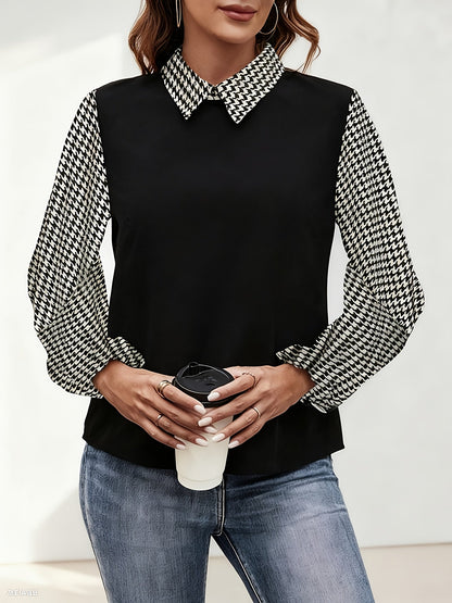 Blouse Femme Noir et Blanc Motif Pied-de-poule Manches Longues