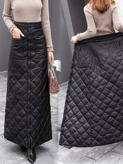Jupe longue matelassée noire boutonnée taille haute pour femme
