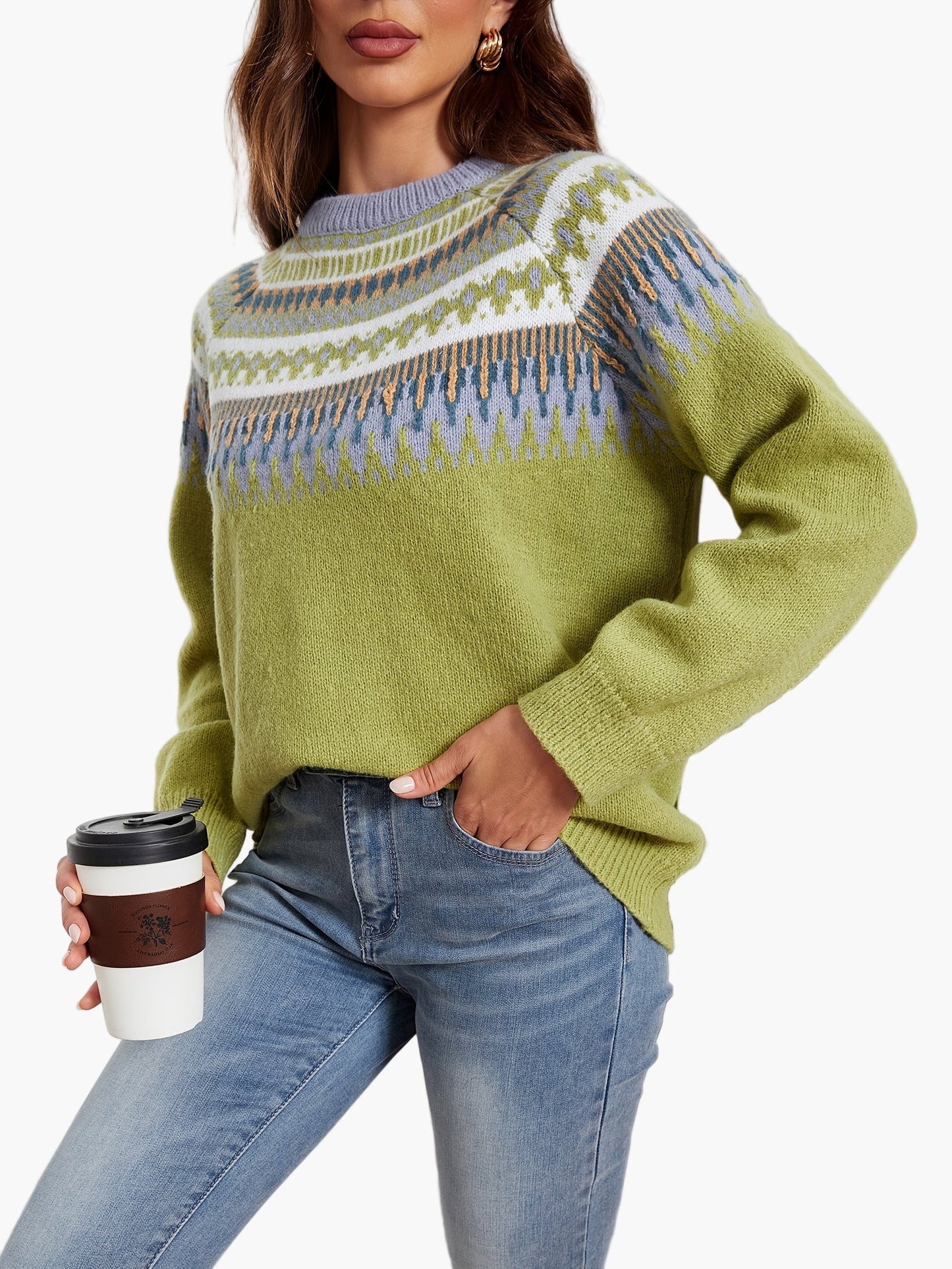 Jersey Mujer Estilo Nórdico Chic Mangas Largas Motivo Geométrico para Otoño y Primavera