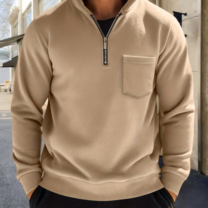Sweat-shirt Homme Col Montant Zippé avec Poche Poitrine Couleur Unie