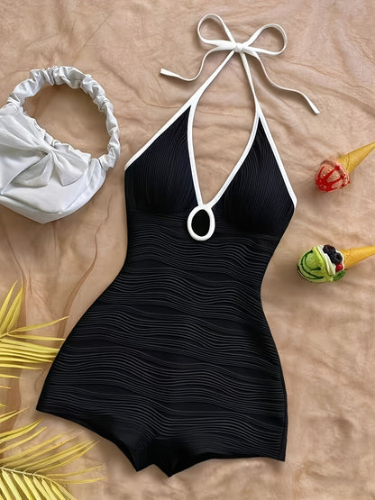 Maillot de Bain Femme Une-Pièce Style Vintage à Décolleté Plongeant et Finition Contrastée