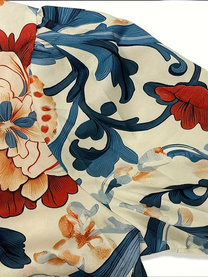Blouse Femme Imprimé Floral Baroque à Col Rayé et Manches Longues Poignets Rayés