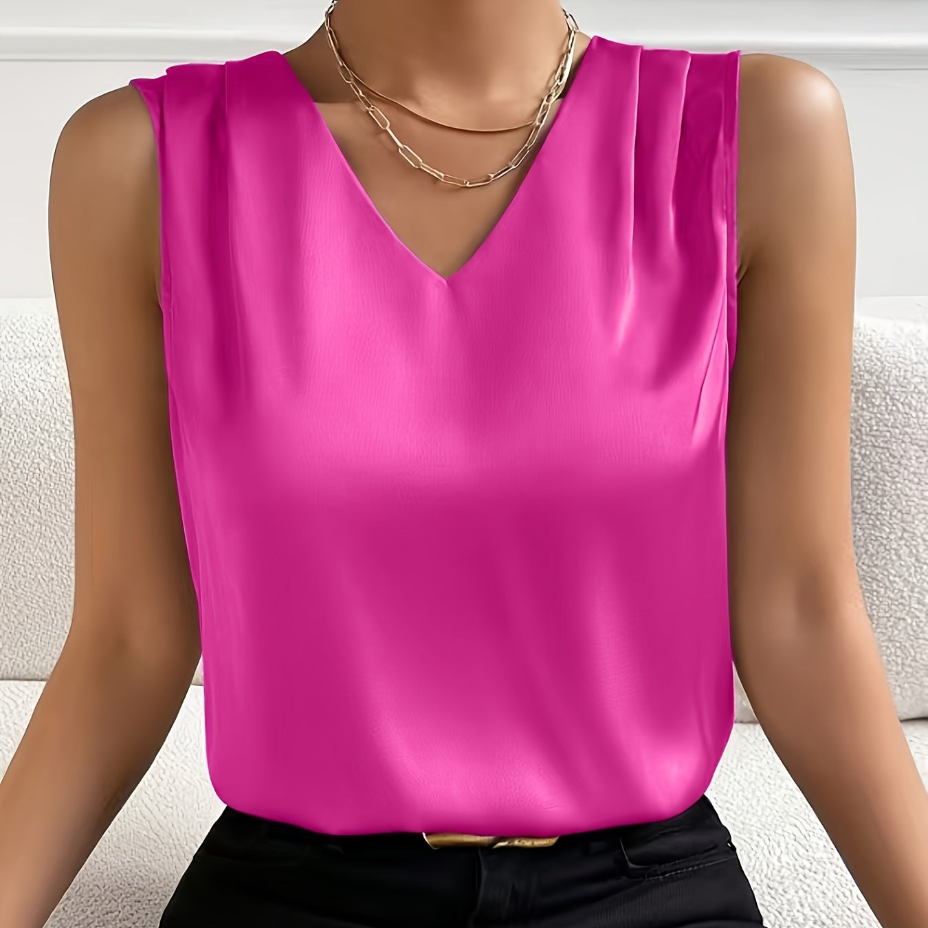 Top elegante senza maniche con scollo a V per donna – Top chic per uso quotidiano o ufficio