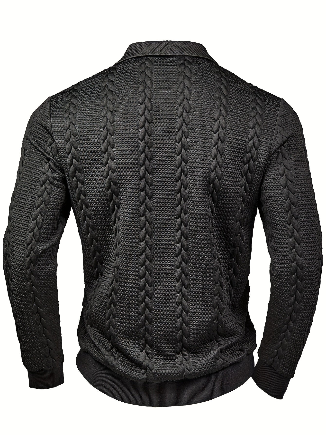 Polo homme tricoté à manches longues noir, col texturé, motif torsadé