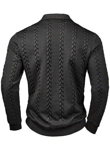 Polo homme tricoté à manches longues noir, col texturé, motif torsadé