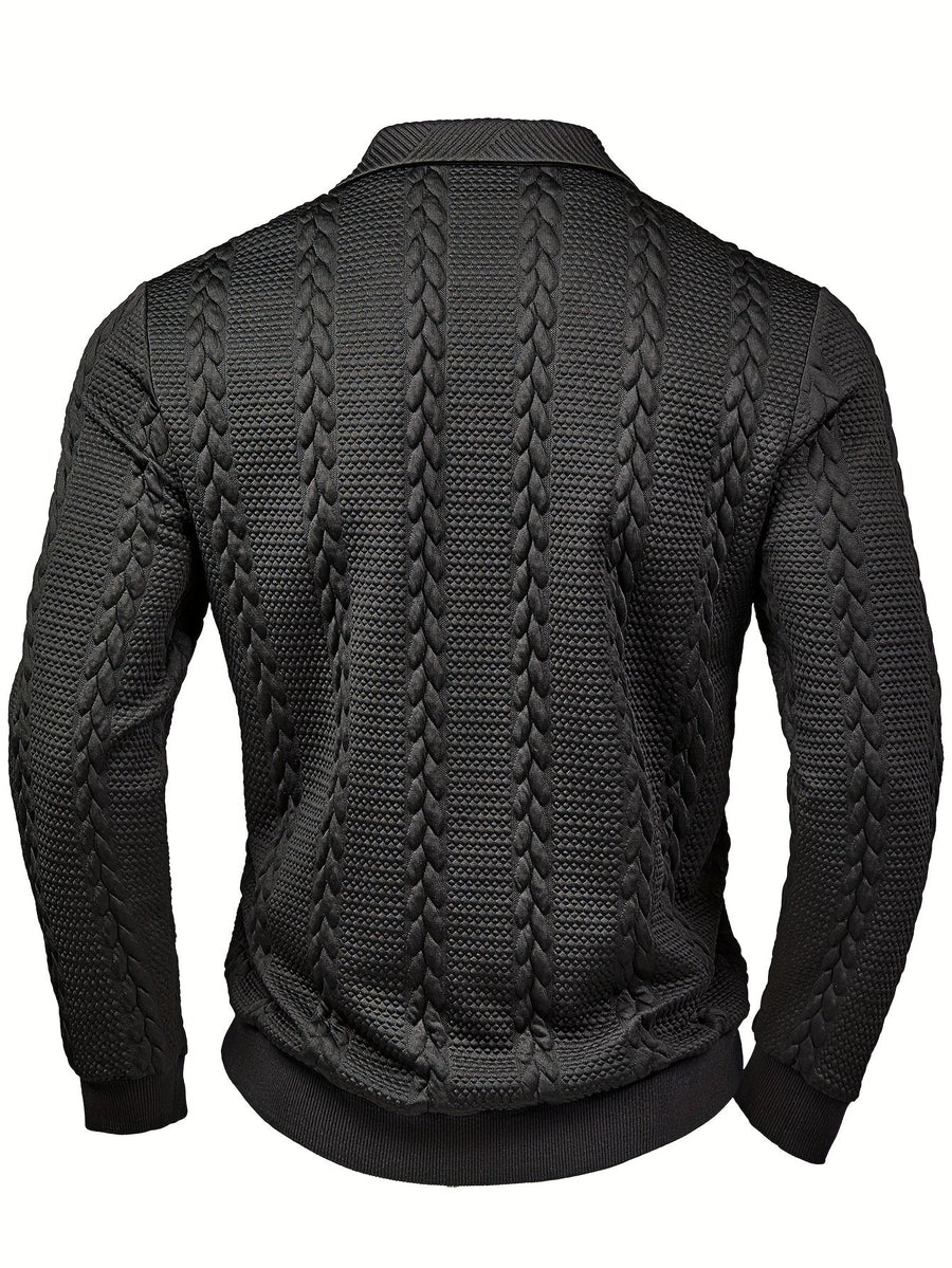 Black long-sleeve knitted men's polo shirt, textured collar, cable-knit pattern