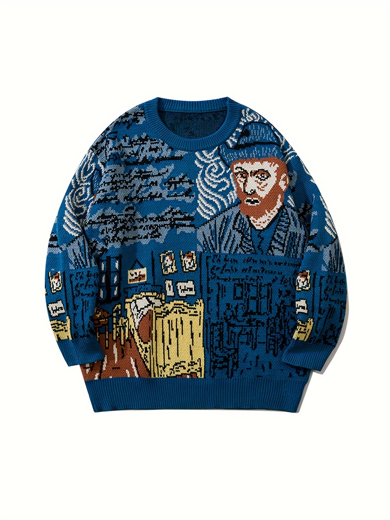 Pull en maille unisexe à motif artistique de portrait et chambre, col rond bleu