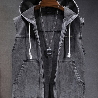 Veste sans manches à capuche pour homme en denim noir délavé