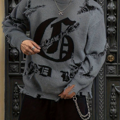 Pull homme gris déchiré oversize avec motif graphique