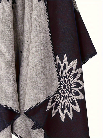 Poncho Réversible Femme Noir Motifs Floraux Blancs et Gris