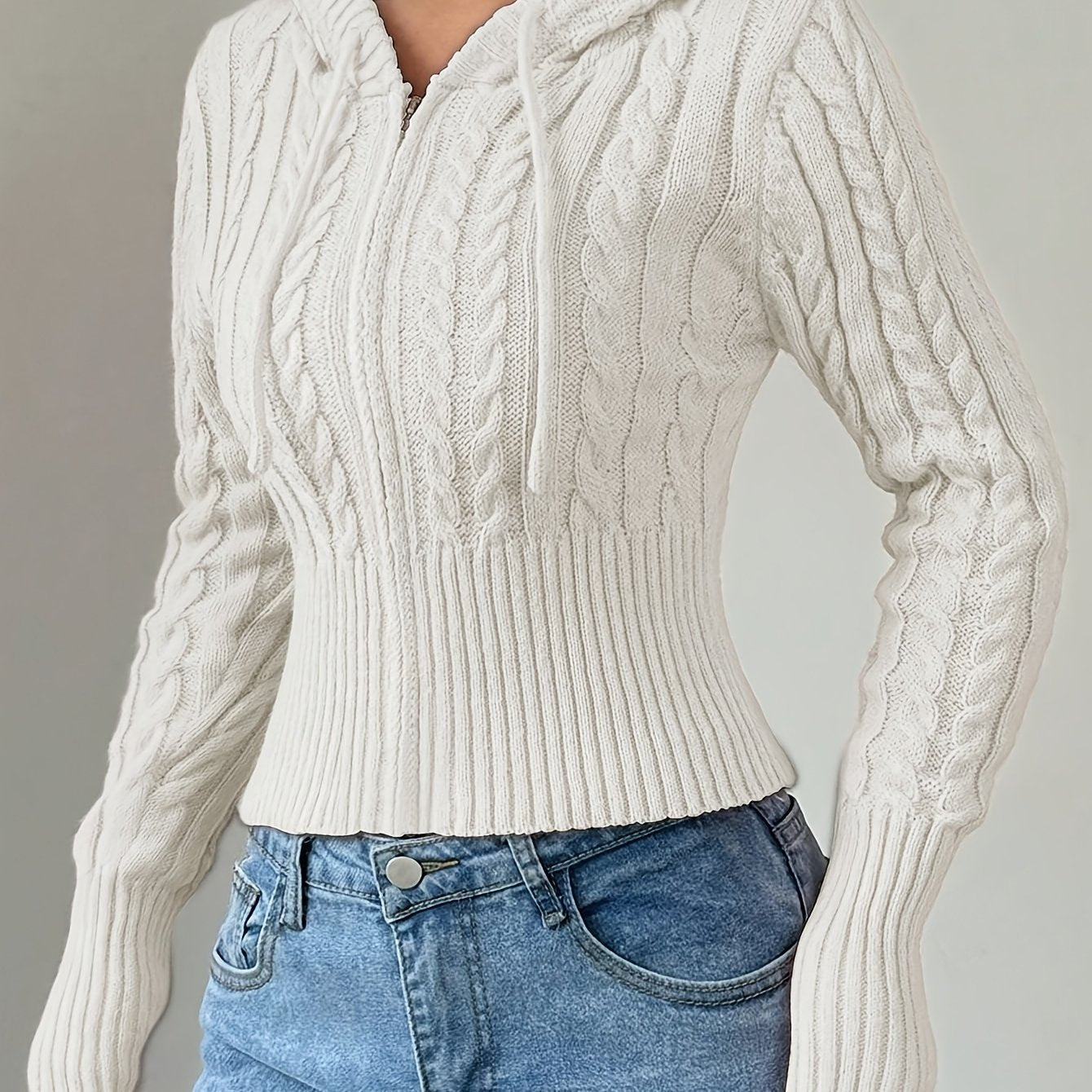 Sweat à capuche Femme tricoté torsadé court avec zip et cordon de serrage