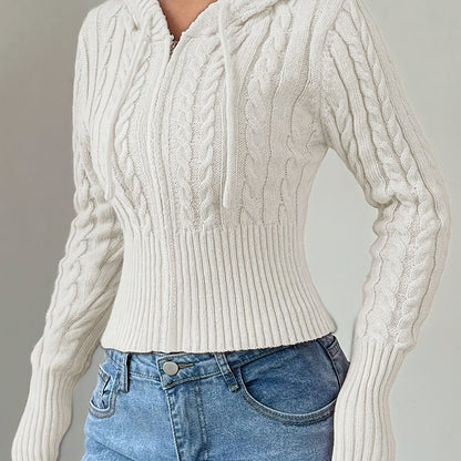 Sweat à capuche Femme tricoté torsadé court avec zip et cordon de serrage